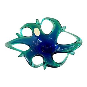 Vtg Murano Art Glass Multi-Color Star Shape Candy Dish Trinket Italy Green Blue